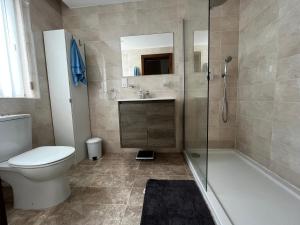 a bathroom with a toilet and a shower and a sink at Stunning penthouse, 2 bedroom, heart of Sliema in Sliema