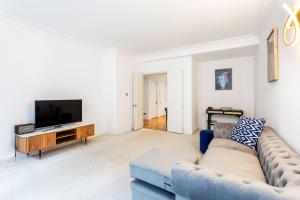 uma sala de estar com um sofá e uma televisão em Fabulous Westminster Flat em Londres