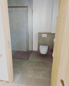 een badkamer met een toilet en een glazen douchedeur bij Mina en Family Bed and Breakfast in Meise