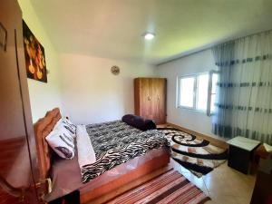 SuperPanorama GuestHouse في Kukës: غرفة نوم مع سرير وبطانية حمار الوحشي