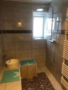 a bathroom with a shower and a sink at Sinan's Bio Tourismus Farm Appartement in Betteldorf
