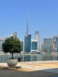 un árbol en un plantador frente a una ciudad en Dubai Canal Burj khalifa view 2bedroom apartment, en Al Ḩamīdīyah