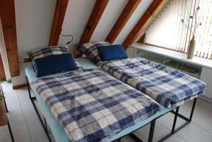 two beds in a room with two windows at Monte Maurizio in Röthenbach an der Pegnitz