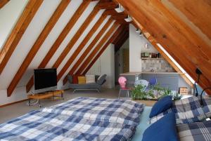 a attic room with a bed and a tv at Monte Maurizio in Röthenbach an der Pegnitz
