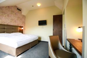 um quarto de hotel com uma cama, uma secretária e uma televisão em EA Hotel Victoria em Praga