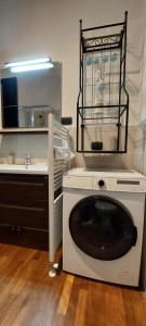 een wasmachine naast een wastafel in een badkamer bij CasAmare Portovenere in Portovenere