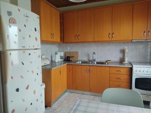 a kitchen with wooden cabinets and a white refrigerator at ANASA in Stavros