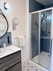 bagno con doccia e lavandino di Hotel Restaurant Les Paquebots a Port-Vendres