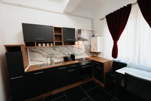 a kitchen with black cabinets and a sink at Cozy Aparthotel - Central City Suceava in Suceava