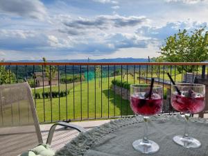 zwei Gläser Wein auf einem Tisch auf einem Balkon in der Unterkunft Vineyard cottage Lan na Hribu in Semič