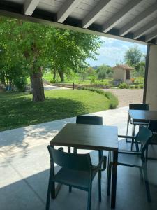 d'une terrasse avec des tables, des chaises et un arbre. dans l'établissement Agriturismo Redó, à Ponti sul Mincio