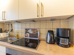 Sehestedt的住宿－Apartment Kiebitzweg-2 by Interhome，厨房柜台配有水槽和咖啡壶