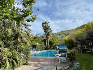 a swimming pool in a yard with palm trees at Apartment Asplanato - DOL160 by Interhome in Lecchiore