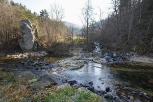 a river with rocks and a bridge in a forest at L'Ancienne Colonie - maison conviviale au bord de la Gazeille - 8 pers in Le Monastier sur Gazeille +7 photos