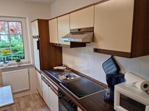eine kleine Küche mit einem Waschbecken und einem Fenster in der Unterkunft Hausnordlicht FEWO 1 in Dornum