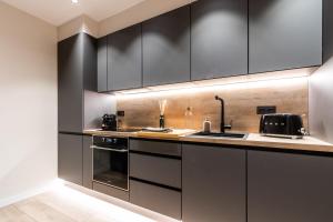 eine Küche mit Küchengeräten aus Edelstahl und schwarzen Schränken in der Unterkunft Exclusive Apartments Barcelona 4 personas G Humet in Terrassa