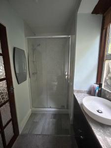 a bathroom with a shower and a sink at Bronallt in Barmouth