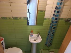 Un baño con lavabo, inodoro y espejo. en Помешкання з парковкою, en Cherkasy
