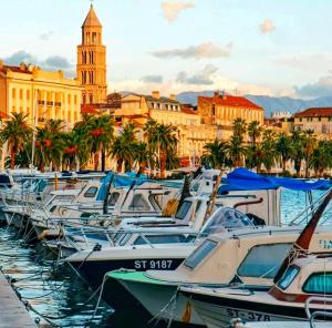 Un montón de barcos están atracados en un puerto en Dalmatian Apartment in the City Center en Split