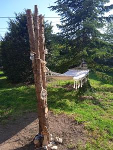 un hamac attaché à un arbre dans un champ dans l'établissement LakeLove Házikó Sopron- Erdő és tópart mellett, à Sopron