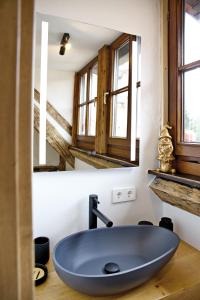 的住宿－Zinsers Appartements im Flämmle，浴室设有蓝色水槽和镜子
