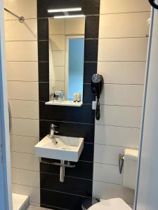 a bathroom with a sink and a mirror at Logis Les Voiliers in Peigney