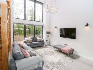 a living room with a couch and a tv at Pen-Y-Bryn in Llanfairpwllgwyngyll