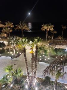 una playa con palmeras y luces por la noche en Estepona primera línea de playa, apartamento 2-4 personas, en Estepona