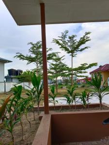 een uitzicht vanaf het balkon van een huis met bomen bij Alfa Roomstay in Pantai Cenang