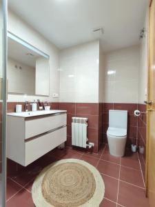 a bathroom with a toilet and a sink and a mirror at A Xanela de Balneario in Mondariz-Balneario