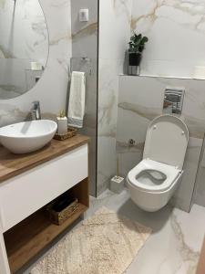 a white bathroom with a toilet and a sink at Centar NS in Novi Sad