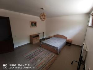 a bedroom with a bed and a table and a rug at Cluj City Marasti Apartament 1 in Cluj-Napoca