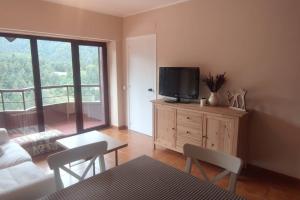 sala de estar con TV en un armario de madera en Apartamento a pie de pistas, en La Molina