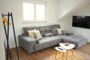 uma sala de estar com um sofá cinzento e uma televisão em Exklusive Neubauwohnung mit wundervoller Aussicht nähe Europapark und Rulantica em Burgheim