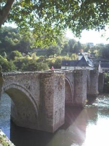 een stenen brug over een rivier met een persoon erop bij Vue du Pont in Entraygues-sur-Truyère