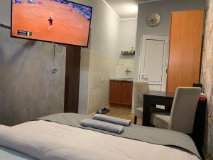 a room with a bed with a flat screen tv on the wall at Apartman Dacaa in Podgorica