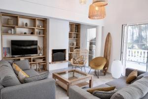 sala de estar con 2 sofás y TV en Belle villa familiale rénovée dans cadre exceptionnel-AG15, en Lacanau