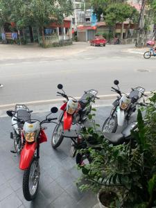 eine Reihe von Motorrädern, die neben einer Straße geparkt sind in der Unterkunft Ngan Ha Homestay in Ha Giang