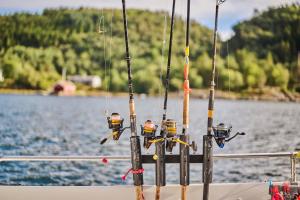 un gruppo di canne da pesca sul lato di una barca di Farsund Resort a Farsund Altre 37 foto