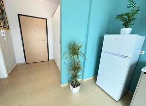 伏罗拉TreA Accomodations - Roof Top On Beach的一间设有冰箱和两株盆栽植物的房间