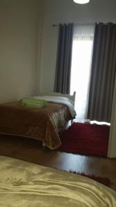 1 dormitorio con 2 camas, ventana y alfombra en Hotel Roberto, en Korçë