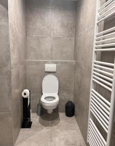 a bathroom with a white toilet in a room at Le Franchet in Dinant