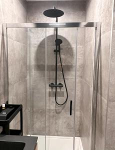 a shower in a bathroom with a glass door at Le Franchet in Dinant