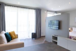 阿爾巴的住宿－CASCINA SANT'ANTONIO，带沙发和电视的客厅