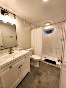 ein Bad mit einem Waschbecken, einem WC und einer Dusche in der Unterkunft Beachside-HotTub-Fireplace-Authentically Northern in Traverse City