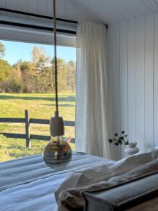 a bedroom with a bed and a window with a fence at Ragnar Glamp Pitrags Lux Premium House in Pitragutsiyeme