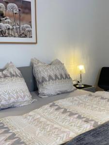- une chambre avec un lit et 2 oreillers dans l'établissement Apartment Lahnblick, à Marbourg