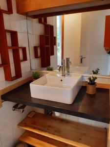 ein Badezimmer mit einem weißen Waschbecken und einem Spiegel in der Unterkunft La cabane du pêcheur proche plage in Arès