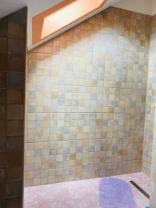 łazienka z prysznicem i ścianą wyłożoną kafelkami w obiekcie R-Andi fészek w Budapeszcie