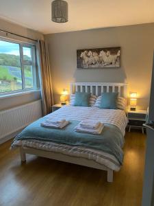a bedroom with a bed with blue pillows and a window at Paddys in Glenties